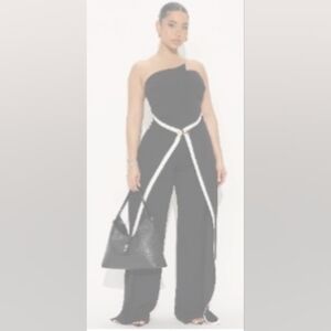 Fashion Nova Black One-Shoulder Jumpsuit with White Piping